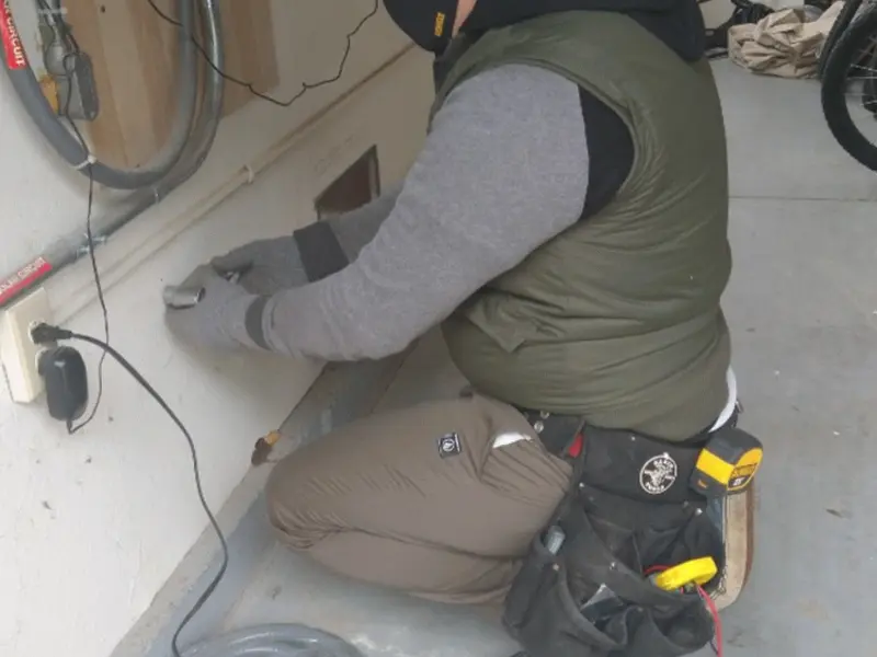 Electrician performing outlet wiring in a Indianola garage